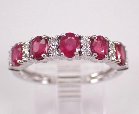 White Gold Ruby Wedding Ring - Diamond Anniversary Band - Gemstone Bridal Jewelry Gift