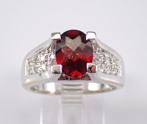 14K White Gold Garnet and Diamond Ring - Chunky Pave Engagement Setting - January Birthstone Fine Jewelry Gift