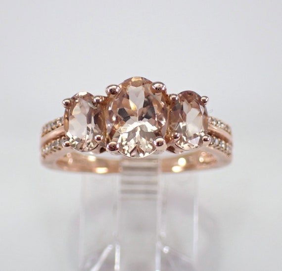 Three Stone Morganite Ring, Rose Gold Diamond Setting, Past Present Future Gemstone Fine Jewelry Gift