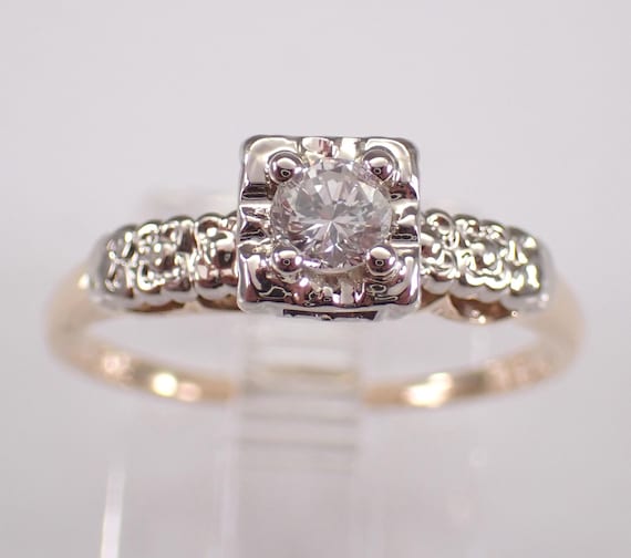 Antique 14K Yellow Gold Diamond Engagement Ring, Vintage Two Toned Bridal Promise Band