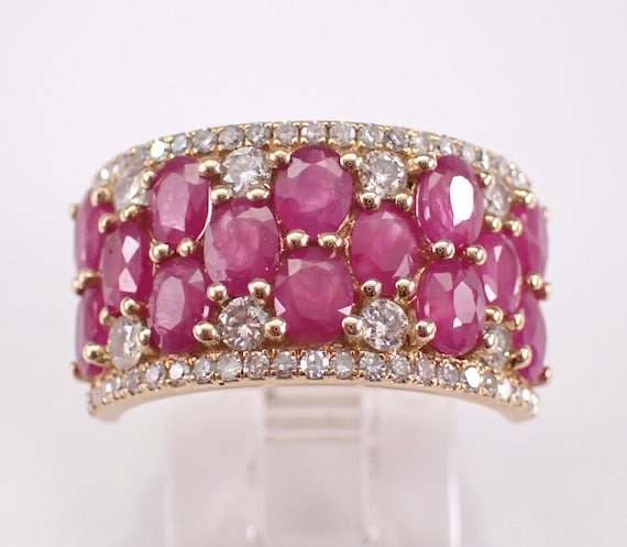 14K Yellow Gold Ruby Ring - Wide Diamond Anniversary Band - July Gemstone Bridal Wedding Gift