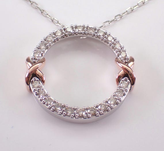 White Gold Circle Charm Diamond Necklace: Two Tone Slide Pendant and Chain