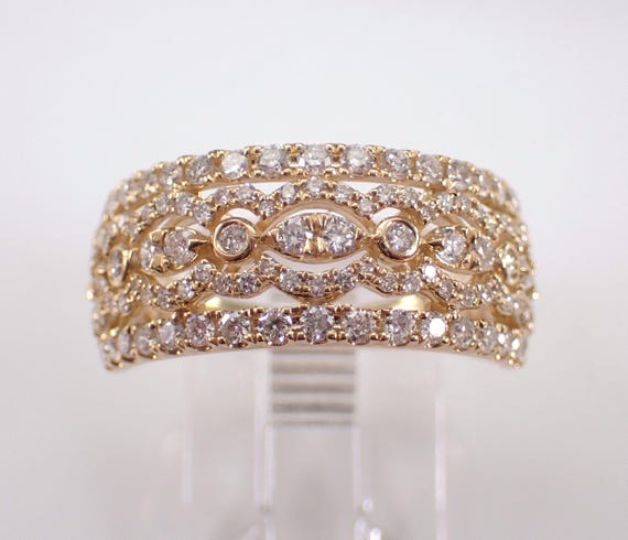 14K Yellow Gold Diamond Anniversary Ring, Diamond Multi Row Wedding Band, Unique Right Hand Bridal Fine Jewelry Gift