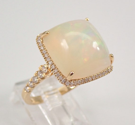 14k Yellow Gold Opal Engagement Ring - Large Diamond Halo Setting - Unique Square Gemstone Fine Jewelry Gift