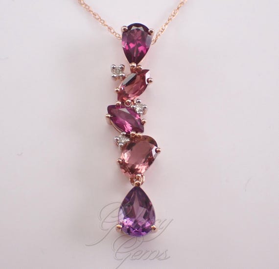 Rose Gold Multi Color Gemstone and Diamond Pendant and Chain: Unique Teardrop Charm Necklace