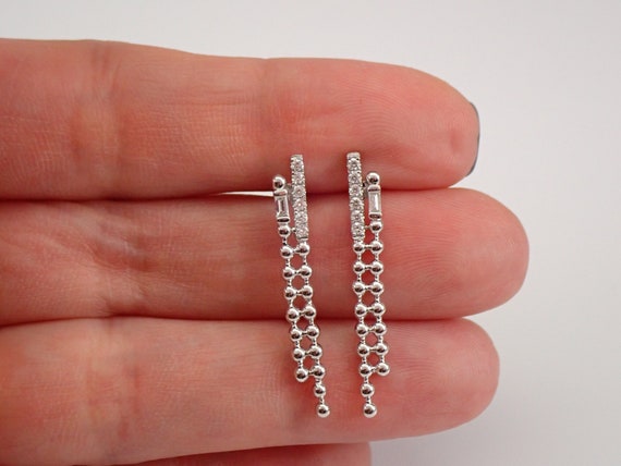 Unique Diamond Bar Earrings, 14K White Gold Line Drop Ball Chain Earrings