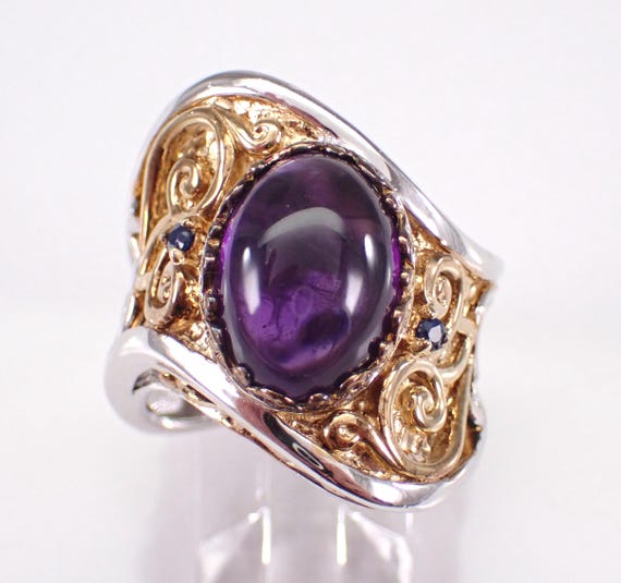 Sterling Silver Amethyst and Sapphire Ring - Vintage Two Tone Chunky Gemstone Jewelry Gift
