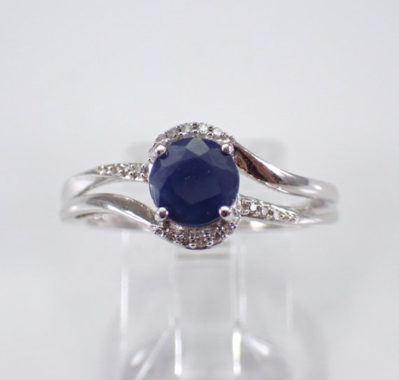 Sapphire and Diamond Promise Ring - 14K White Gold Dainty Engagement Band - September Gemstone Fine Jewelry Gift