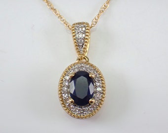 Genuine Sapphire and Diamond Necklace, Solid Yellow Gold Gemstone Pendant and Chain, September Birthstone Fine Jewelry