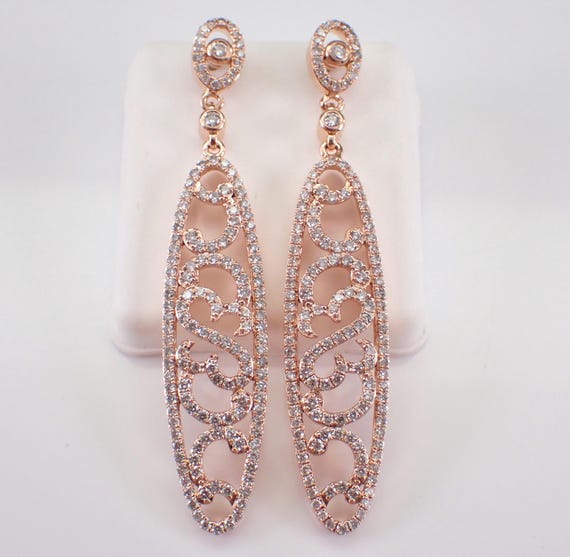 14K Rose Gold Diamond Dangle Earrings, Unique Modern Fine Jewelry Gift, Special Occasion Chandelier Teardrops
