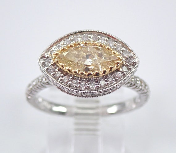Fancy Yellow Diamond Engagement Ring - 18K White Gold Diamond Eternity Band - Evil Eye Protection Canary Diamond Fine Jewelry Gift