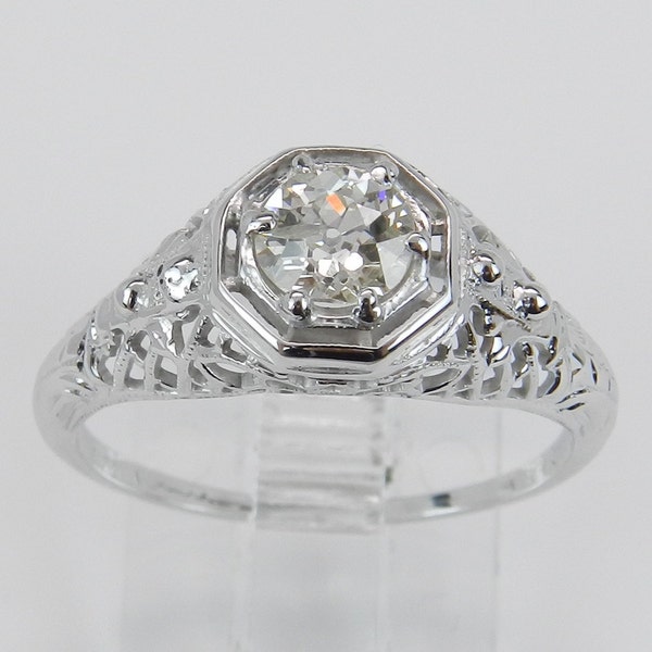 Solitaire Diamond Engagement Ring Antique Filigree Old Miner 18K White Gold