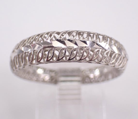Vintage 14K White Gold Wedding Ring, Estate Domed Lacy Braided Band