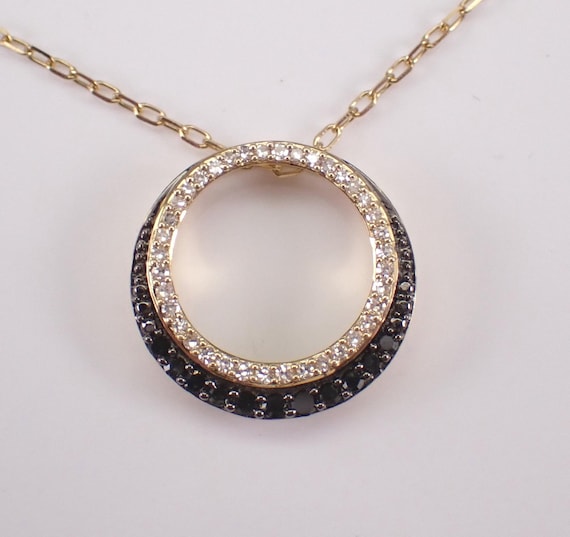 Yellow Gold Black Diamond Circle Pendant and Chain: Dainty Slide Charm Necklace