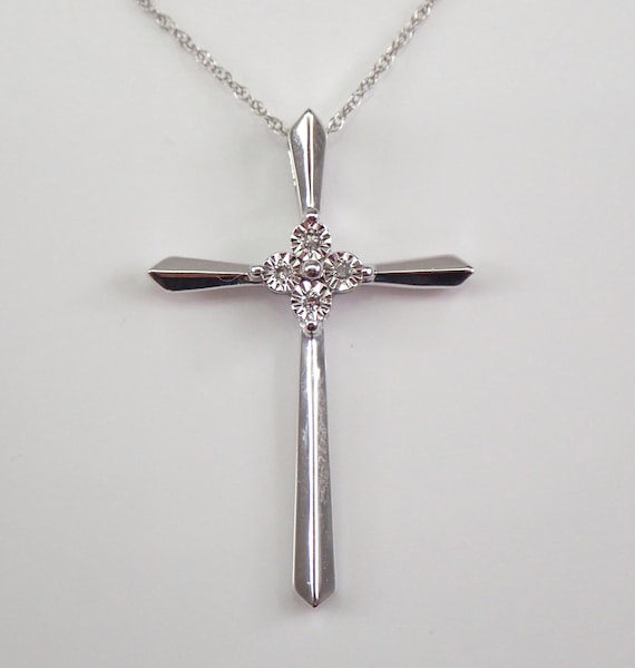 Simple Diamond Cross Pendant - Solid White Gold Religious Necklace - Genuine Natural Cross Charm and Chain Unisex Gift