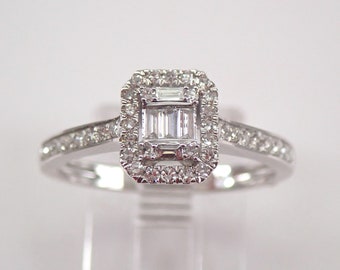 14K White Gold Emerald Cut Cluster Diamond Halo Engagement Ring, Wedding Vow Renewal Ring, Diamond Right Hand Ring