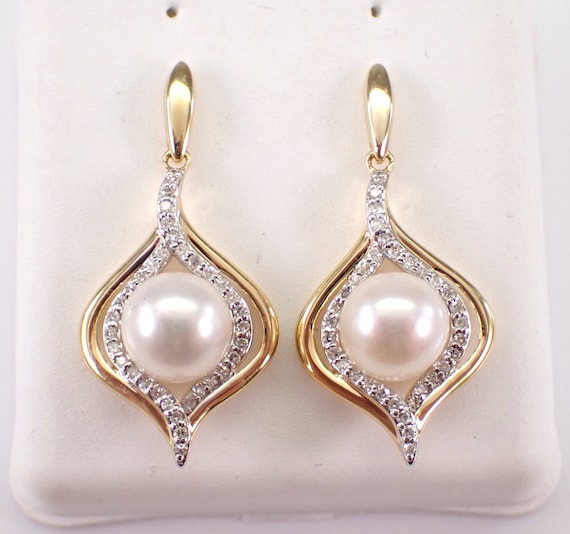 Pearl and Diamond Dangle Earrings - 14K Yellow Gold Fine Jewelry Wedding Gift - June Birthstone Gemstone