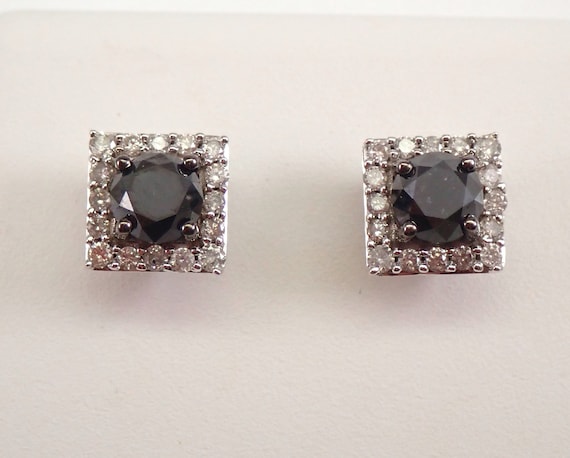 Black Diamond Stud Earrings - White Gold Square Halo Studs - GalaxyGems Fine Jewelry Gift