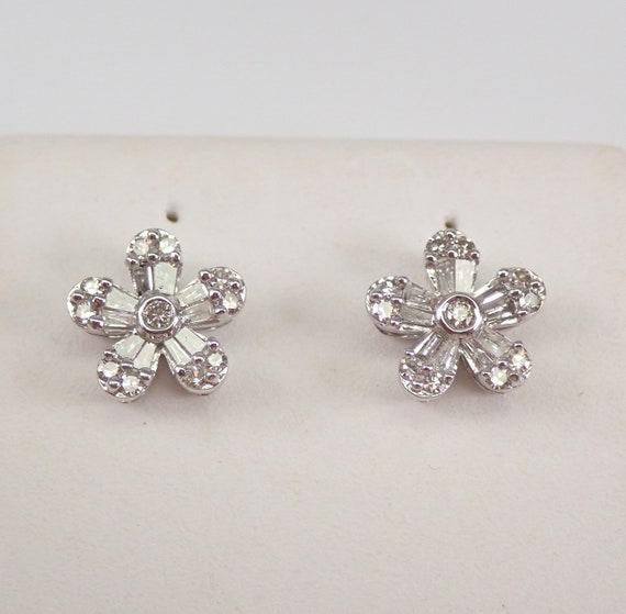 Genuine Diamond Stud Earrings - 14K White Gold Flower Cluster Studs - Unique Baguette Fine Jewelry Gift