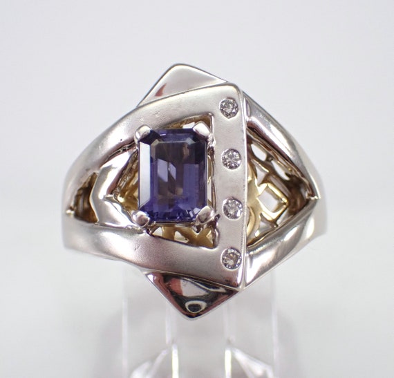 Vintage Iolite and Diamond Ring - 14K White and Yellow Gold Anniversary Band - Unique Gemstone Geometric Design