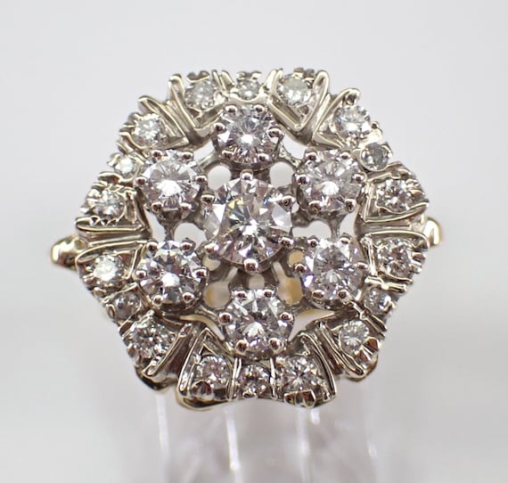 Antique Diamond Cluster Ring - Vintage 14K Two Tone Gold Flower Design - Estate Fine Jewelry for Her