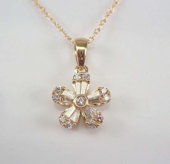 Genuine Diamond Flower Pendant Necklace, 14K Yellow Gold Floral Fine Jewelry, Unique Baguette and Round Diamond Gift