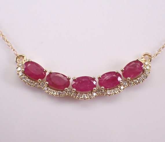 14K Yellow Gold Ruby Curved Bar Necklace, Diamond Station Pendant and Chain