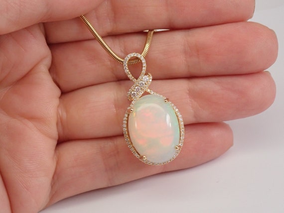 Large Genuine Opal Necklace - Solid 14K Yellow Gold Snake Chain - Diamond Halo Pendant Setting - October Birthstone Fine Jewelry