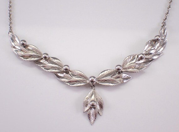 Vintage Sterling Silver Choker Necklace -  Large Station Charm Pendant - Estate Feather Leaf Chain