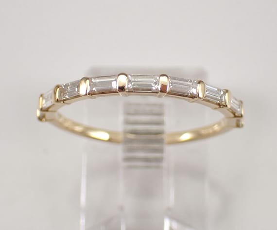 Genuine Baguette Diamond Wedding Ring - 14kt Yellow Gold Thin Stacking Anniversary Band - Custom Made To Order