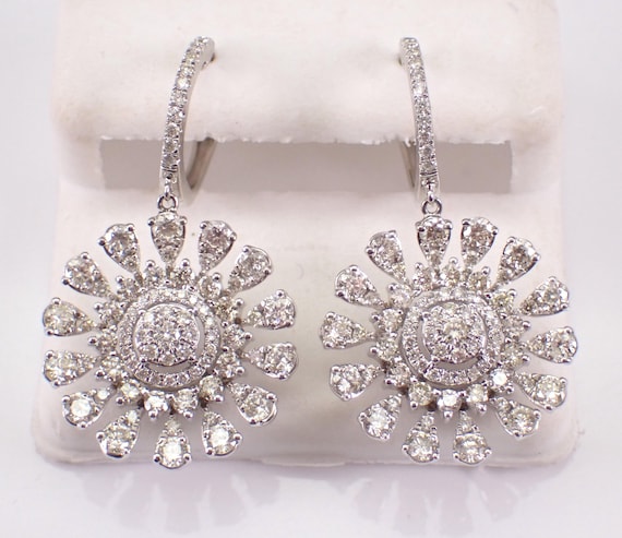 14K White Gold 3ct Diamond Earrings: Unique Dangle Snowflake Flower Cluster Charms