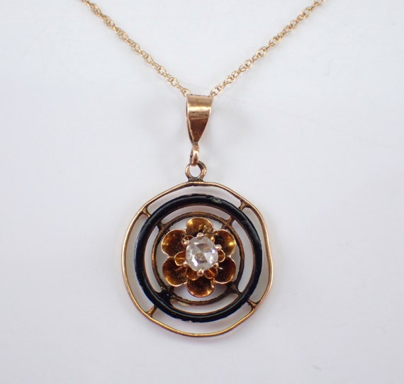 Antique Rose Cut Diamond Necklace, Black Enamel Circle Pendant, 20s Vintage Yellow Gold Choker Chain