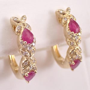 14K Yellow Gold Ruby and Diamond Hoop Earrings: Medium Gemstone Huggies