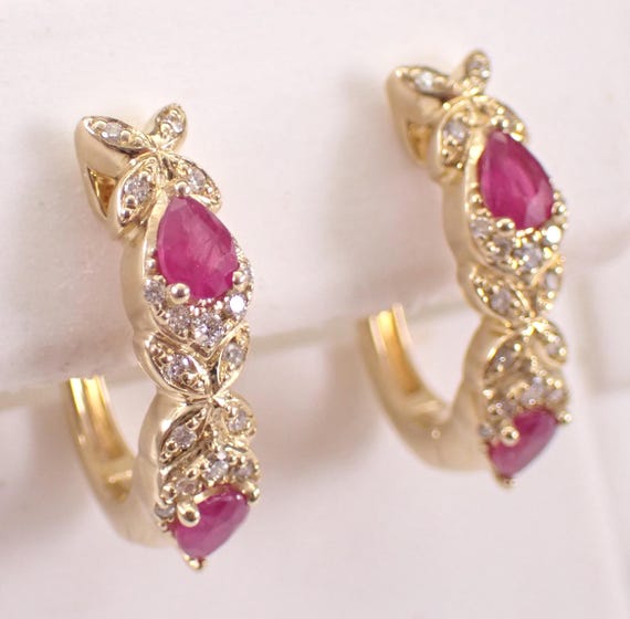 14K Yellow Gold Ruby and Diamond Hoop Earrings: Medium Gemstone Huggies