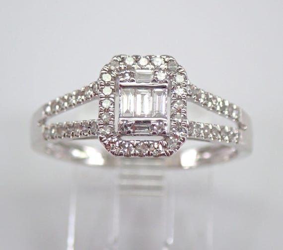 14K White Gold Diamond Engagement Ring - Emerald Cut Halo Cluster Bridal Fine Jewelry Gift