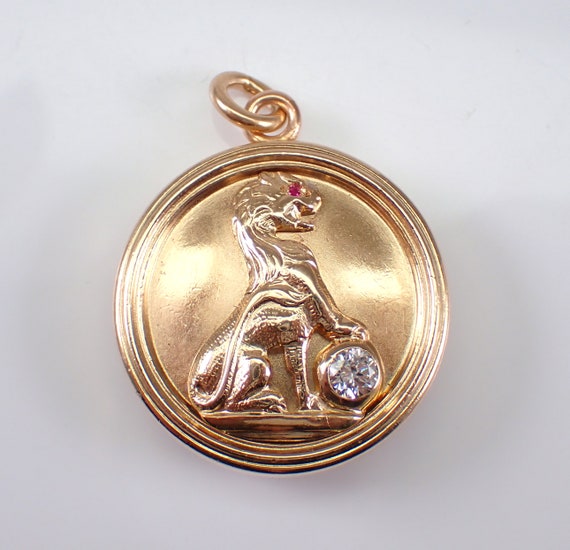 Vintage 14K Yellow Gold Lion Locket Charm - Prudential Old Guard Diamond and Ruby Pendant - Unique 25th Anniversary Masonic Star Gift