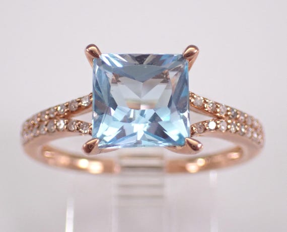 Rose Gold Blue Topaz Engagement Ring, Dainty Square Gemstone and Diamond Setting