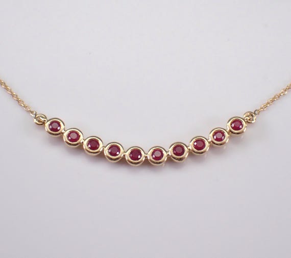 Yellow Gold Ruby Curved Bar Necklace, Gemstone Station Pendant and Chain, Unique Fine Jewelry Gift