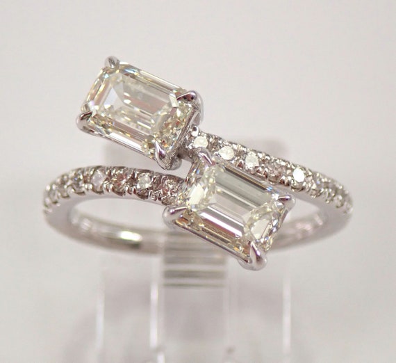 Emerald Cut Diamond Toi Et Moi Ring - 18K White Gold Crossover Bypass Ring - Unique Fine Jewelry Gift