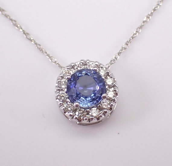 14K White Gold Tanzanite Necklace - Dainty Diamond Halo Pendant and Chain - Purple Gemstone Jewelry Gift