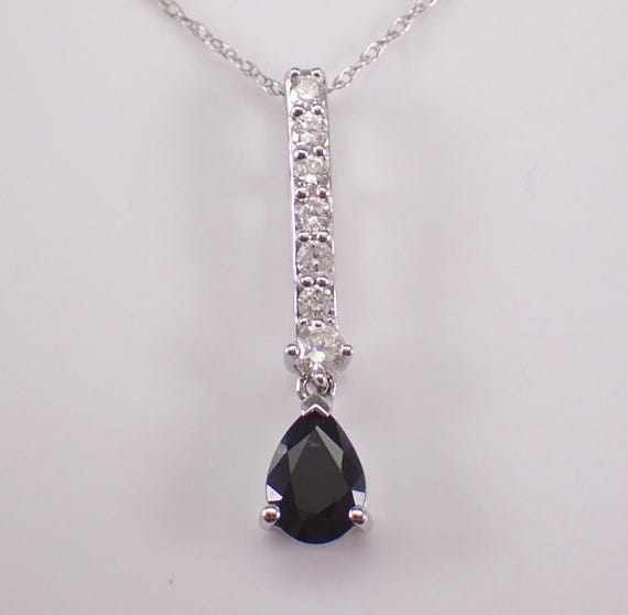 14K White Gold Sapphire and Diamond Necklace: Teardrop Dangle Charm Pendant and Chain