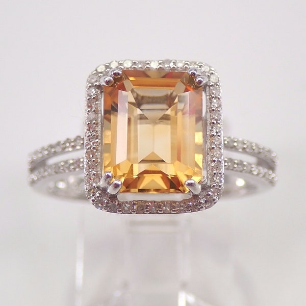 Diamond and Emerald Cut Citrine Halo Engagement Ring White Gold Size 7 November Birthstone FREE Sizing