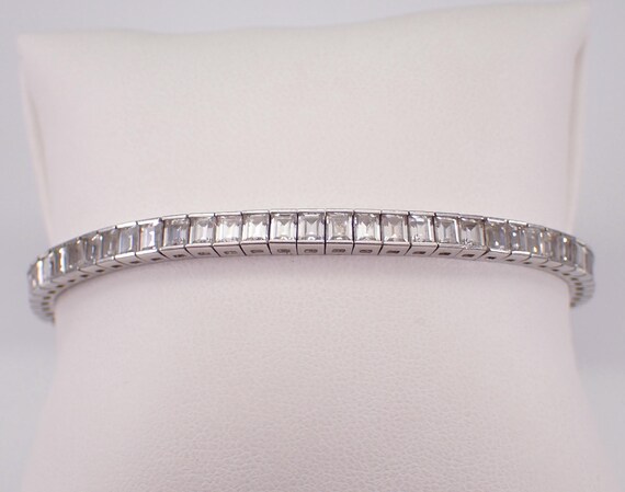 Vintage Cubic Zirconia Tennis Bracelet - Estate Sterling Silver Baguette Link - Everyday Layering Jewelry Gift