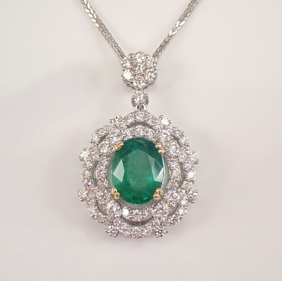 18k White Gold Colombian Emerald Necklace - Diamond Halo Pendant and Chain - May Gemstone Fine Jewelry Gift