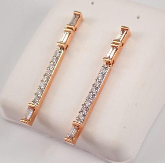 14K Rose Gold Baguette Diamond Earrings - Dangle Tennis Bar Design - GalaxyGems Fine Jewelry Wedding Gift