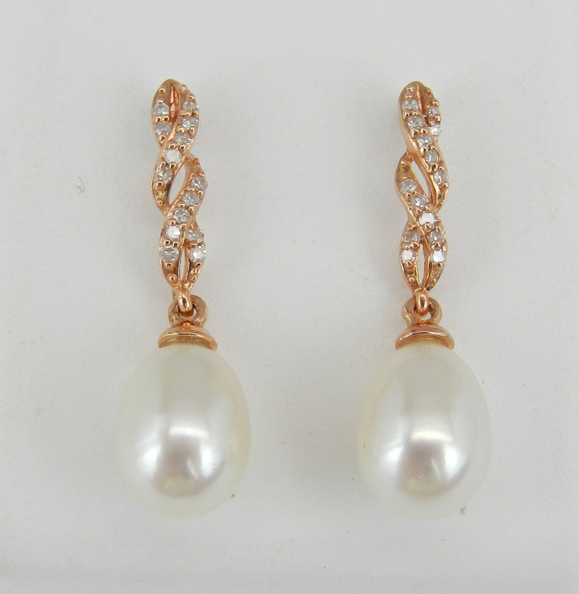 Pearl and Diamond Dangle Drop Earrings 14K Rose Gold June