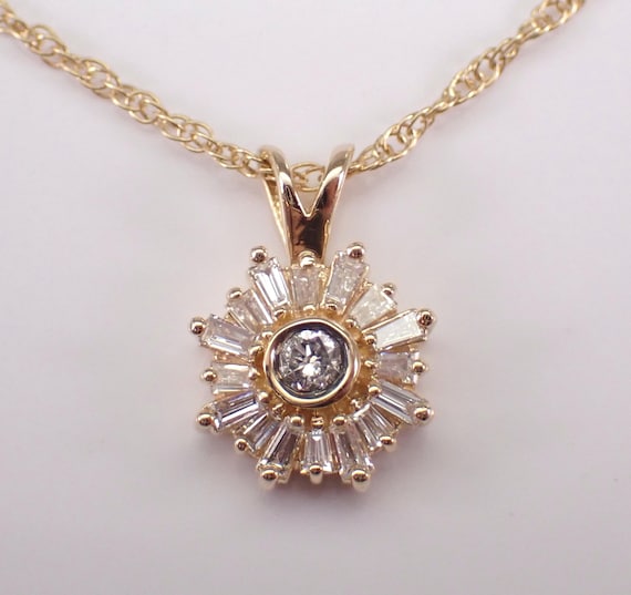 Vintage 14K Yellow Gold Diamond Necklace - Baguette Cluster Charm Pendant and Chain -  Celestial Estate Fine Jewelry Gift