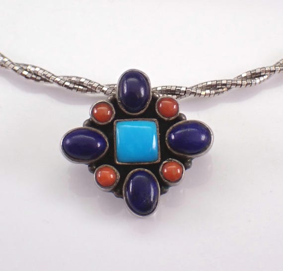 Vintage Turquoise Coral and Lapis Necklace:  Unique Sterling Silver Pendant Braided Choker