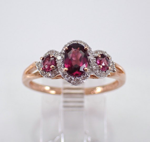 Dainty Rhodolite Garnet Ring, Diamond Halo Engagement Setting, Rose Gold Bridal Fine Jewelry Gift