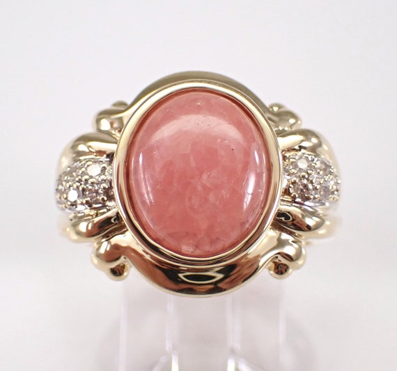 Vintage 14K Yellow Gold Rhodochrosite Ring, Unique Estate Diamond set Right Hand Band, Chunky Gemstone Fine Jewelry Gift